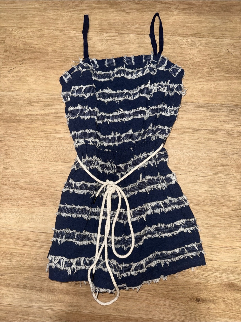 Sugarlips Navy and White Fringe Stripe Romper with Rope Tie